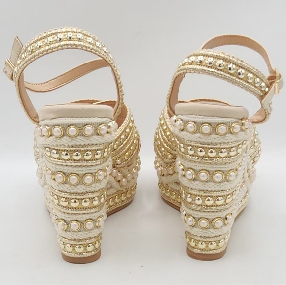 Steve Madden Juniper Raffia Platform Gold Pearls Accent Wedge Sandals Size 11. - Picture 6 of 16
